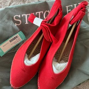 Who What Wear, espadrille flat, ribbon ties that wrap around the ankle. Red.